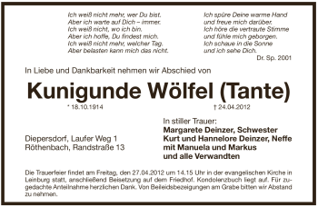 Traueranzeige von Kunigunde Wölfel von Pegnitz-Zeitung